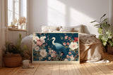 Paul Sinus Wandbild The Heron in Bloom Eleganter Reiher inmitten blühender Kirschzweige vor tiefblauem Hintergrund – Symbol für Ruhe und Anmut.