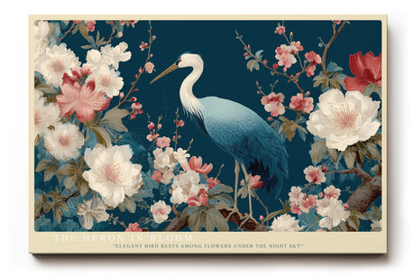 Paul Sinus Wandbild The Heron in Bloom Eleganter Reiher inmitten blühender Kirschzweige vor tiefblauem Hintergrund – Symbol für Ruhe und Anmut.