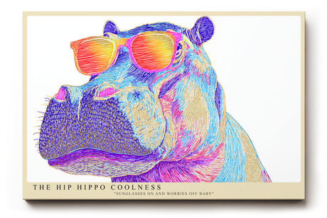 Paul Sinus Wandbild The Hip Hippo Coolness Pop-Art Motiv eines bunten Nilpferds mit Sonnenbrille – witzig, modern und einzigartig im Stil.