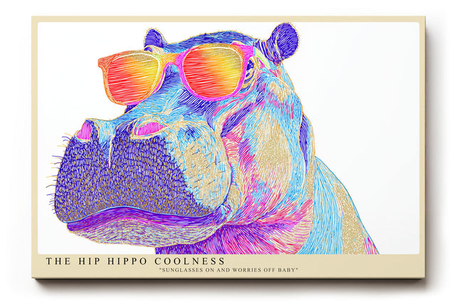 Paul Sinus Wandbild The Hip Hippo Coolness Pop-Art Motiv eines bunten Nilpferds mit Sonnenbrille – witzig, modern und einzigartig im Stil.