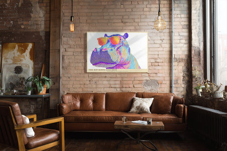 Paul Sinus Wandbild The Hip Hippo Coolness Pop-Art Motiv eines bunten Nilpferds mit Sonnenbrille – witzig, modern und einzigartig im Stil.