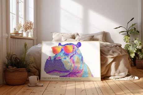 Paul Sinus Wandbild The Hip Hippo Coolness Pop-Art Motiv eines bunten Nilpferds mit Sonnenbrille – witzig, modern und einzigartig im Stil.