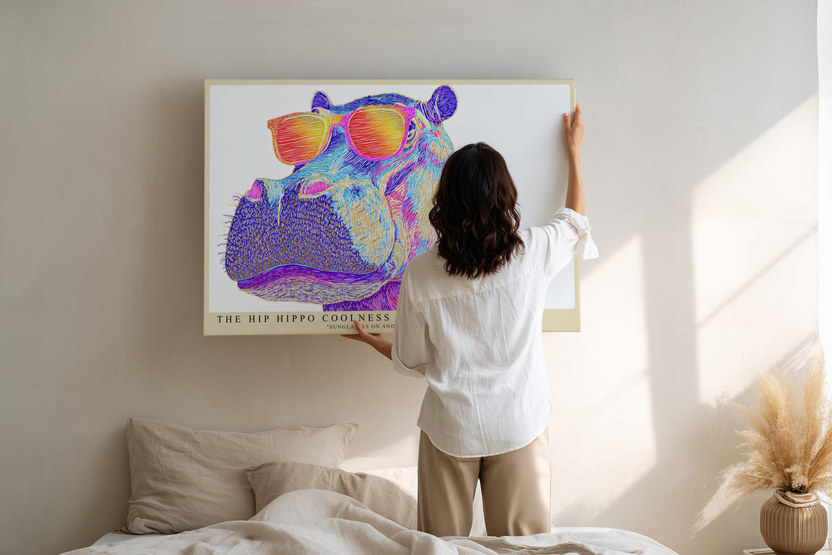 Paul Sinus Wandbild The Hip Hippo Coolness Pop-Art Motiv eines bunten Nilpferds mit Sonnenbrille – witzig, modern und einzigartig im Stil.