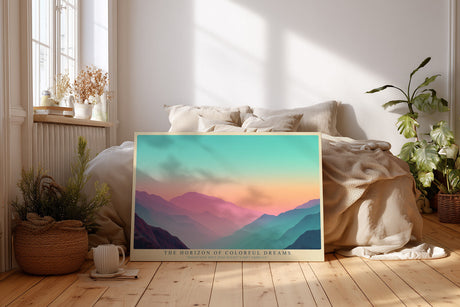 Paul Sinus Wandbild The Horizon of Colorful Dreams sanftes Landschaftsmotiv mit farbigen Bergschichten in Pastell und Abendlicht