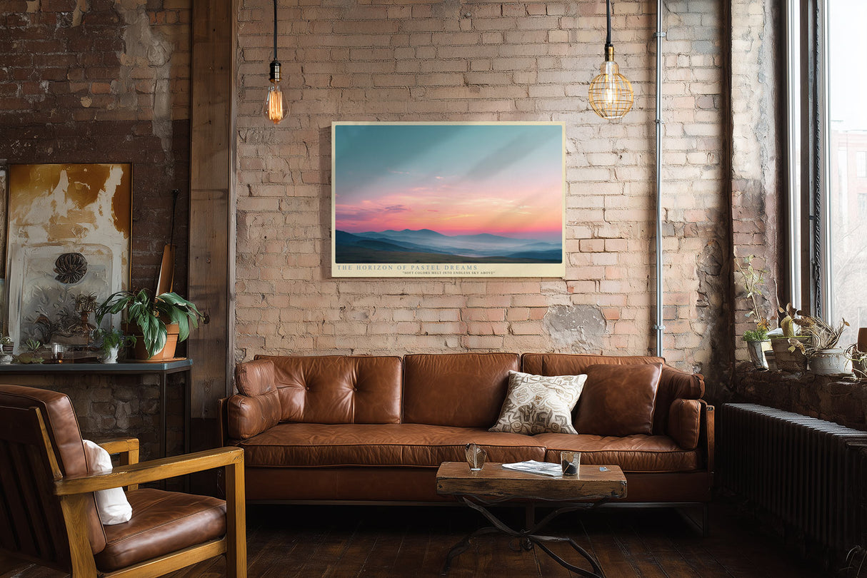 Paul Sinus Wandbild The Horizon of Pastel Dreams – Sanfte Landschaft in Pastelltönen mit weiten Hügeln und rosa Abendhimmel, Symbol für Ruhe und Leichtigkeit