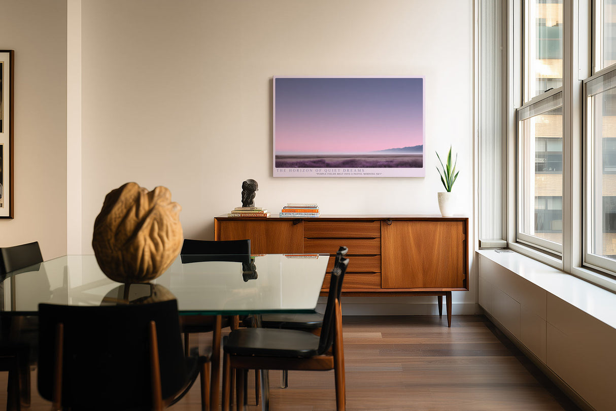 Paul Sinus Wandbild The Horizon of Quiet Dreams – Zarte Landschaft in Rosa- und Lilatönen, Symbol für Ruhe, Weite und die Stille des Morgens