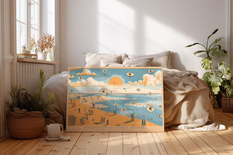 Paul Sinus Wandbild The Horizon of Unseen Whispers – Surrealistische Strandlandschaft mit Augen über dem Meer, inspiriert von Traum und Wahrnehmung