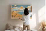 Paul Sinus Wandbild The Horizon of Unseen Whispers – Surrealistische Strandlandschaft mit Augen über dem Meer, inspiriert von Traum und Wahrnehmung