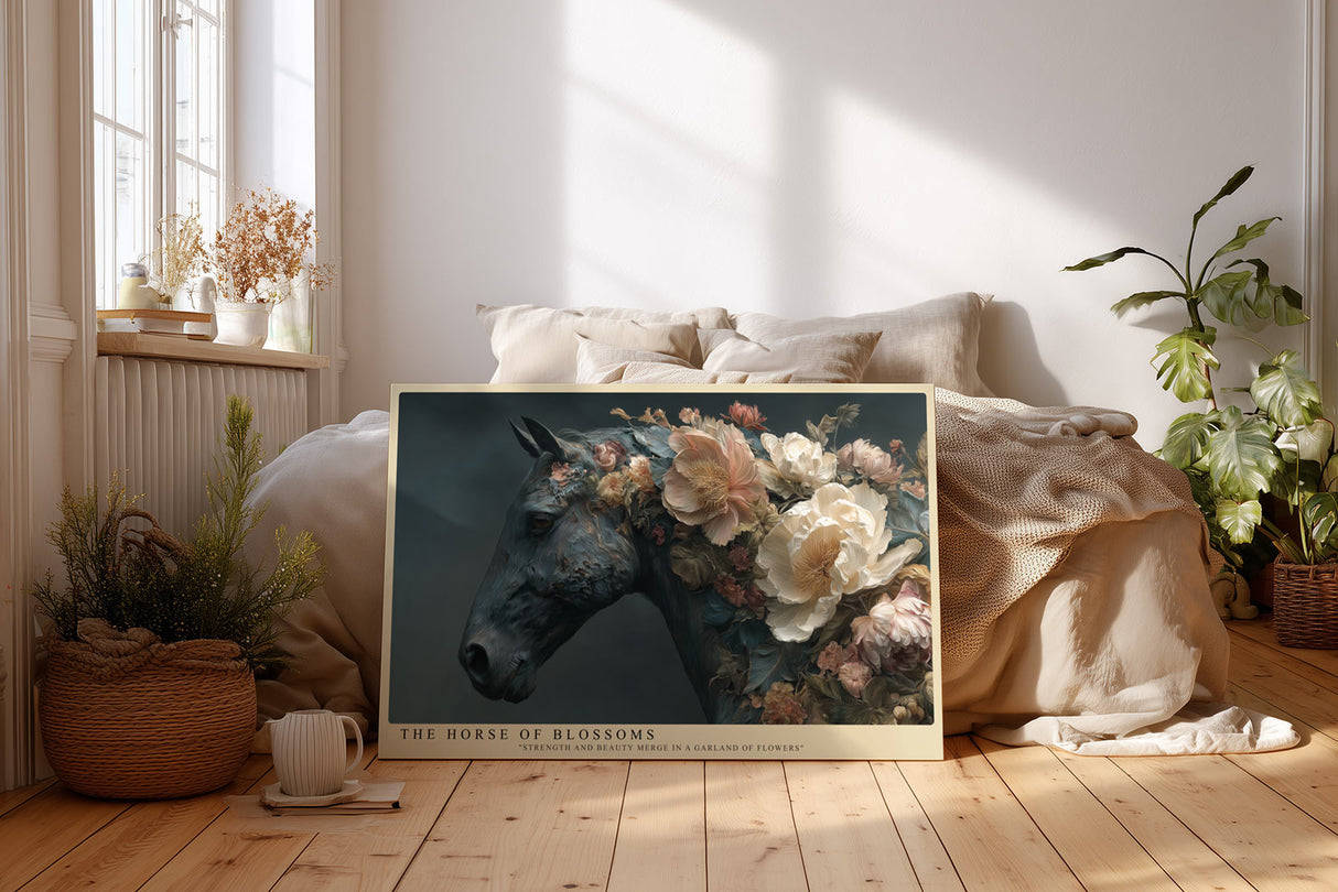 Paul Sinus Wandbild The Horse of Blossoms Ausdrucksstarkes Porträt eines Pferdes, dessen Mähne in prachtvollen Blüten erstrahlt – Sinnbild für Kraft und Schönheit.
