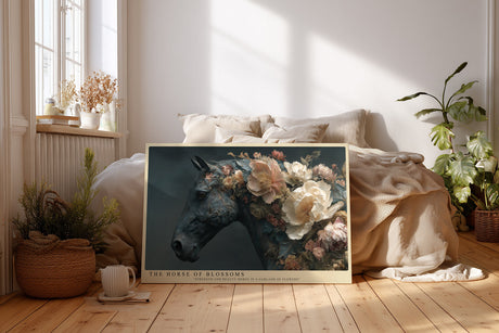 Paul Sinus Wandbild The Horse of Blossoms Ausdrucksstarkes Porträt eines Pferdes, dessen Mähne in prachtvollen Blüten erstrahlt – Sinnbild für Kraft und Schönheit.