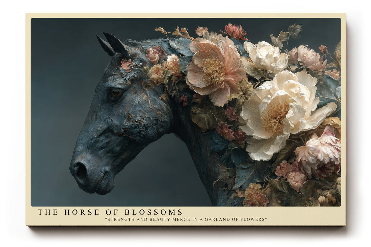 Paul Sinus Wandbild The Horse of Blossoms Ausdrucksstarkes Porträt eines Pferdes, dessen Mähne in prachtvollen Blüten erstrahlt – Sinnbild für Kraft und Schönheit.