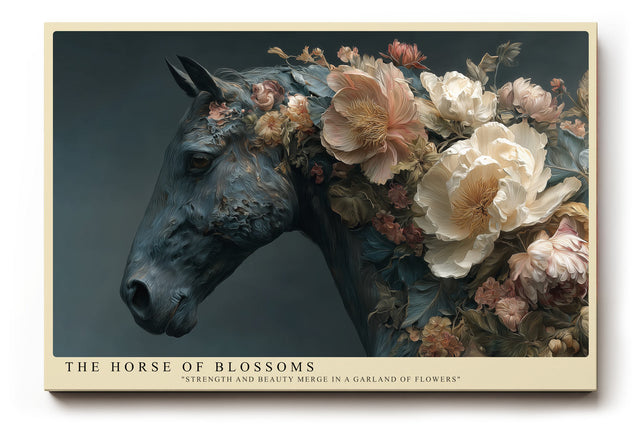 Paul Sinus Wandbild The Horse of Blossoms Ausdrucksstarkes Porträt eines Pferdes, dessen Mähne in prachtvollen Blüten erstrahlt – Sinnbild für Kraft und Schönheit.