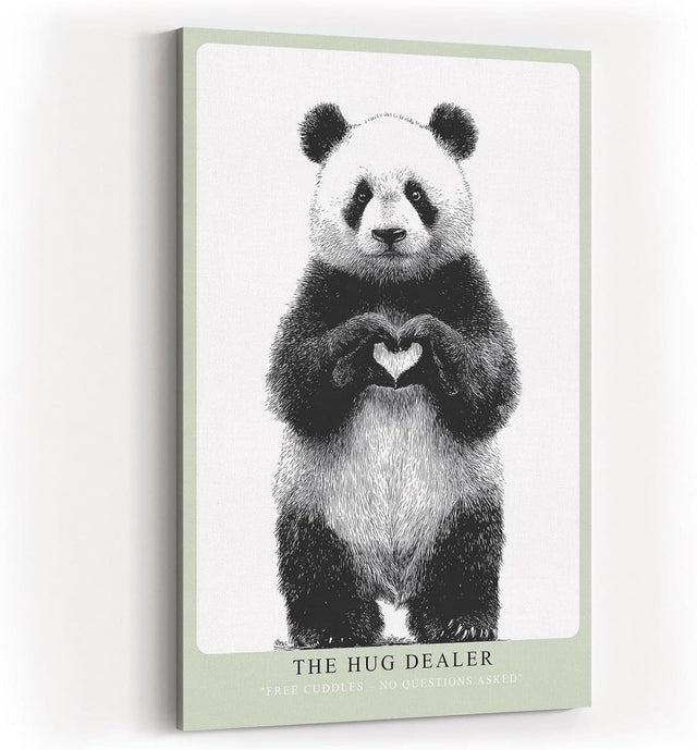 Paul Sinus Wandbild in 40x60cm The Hug Dealer Panda mit Herzgeste schwarz-weiße Tierillustration auf Leinwand