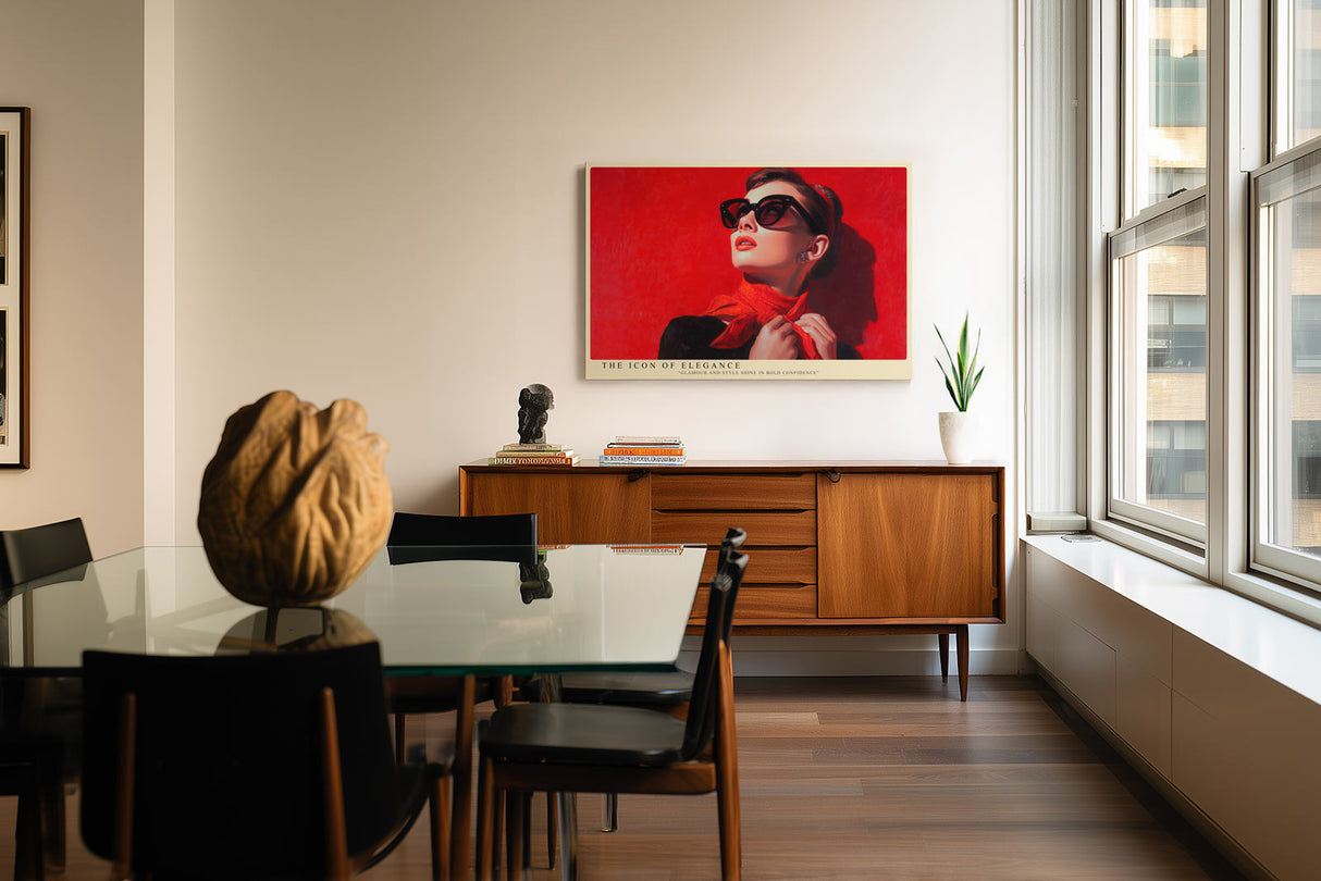 Paul Sinus Wandbild The Icon of Elegance stilvolles Porträt einer Frau in Rot mit Sonnenbrille und luxuriöser Ausstrahlung