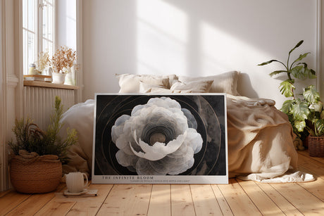 Paul Sinus Wandbild The Infinite Bloom – Abstrakte Blüte in Schwarz-Weiß, Symbol für Tiefe, Licht und unendliche Schönheit
