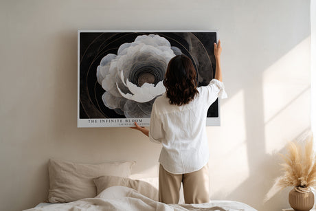 Paul Sinus Wandbild The Infinite Bloom – Abstrakte Blüte in Schwarz-Weiß, Symbol für Tiefe, Licht und unendliche Schönheit