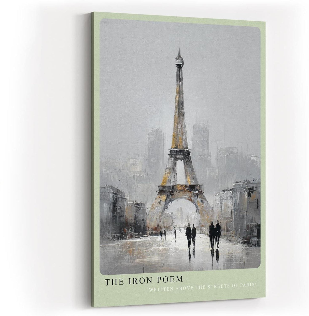 Paul Sinus Wandbild in 40x60cm The Iron Poem Eiffelturm in impressionistischer Darstellung mit Figuren im Vordergrund und grauer Stadtstimmung