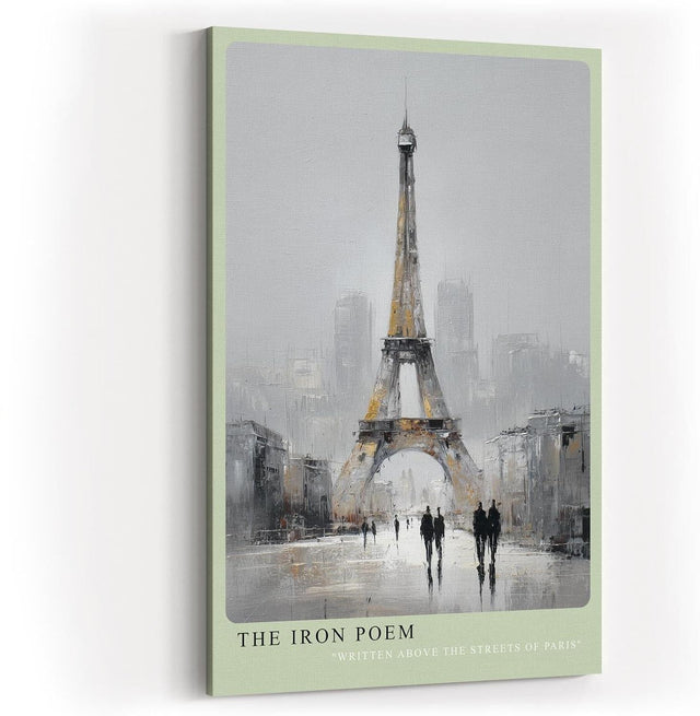 Paul Sinus Wandbild in 40x60cm The Iron Poem Eiffelturm in impressionistischer Darstellung mit Figuren im Vordergrund und grauer Stadtstimmung