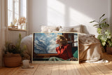 Paul Sinus Wandbild The Journey Beyond the Peaks – Frau im Zug mit Blick auf verschneite Berge symbolisiert Freiheit, Sehnsucht und Abenteuerlust
