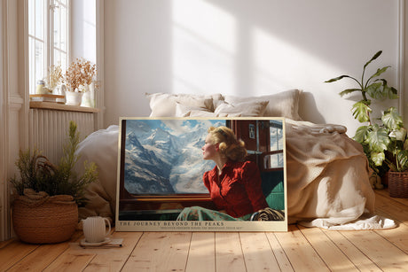 Paul Sinus Wandbild The Journey Beyond the Peaks – Frau im Zug mit Blick auf verschneite Berge symbolisiert Freiheit, Sehnsucht und Abenteuerlust