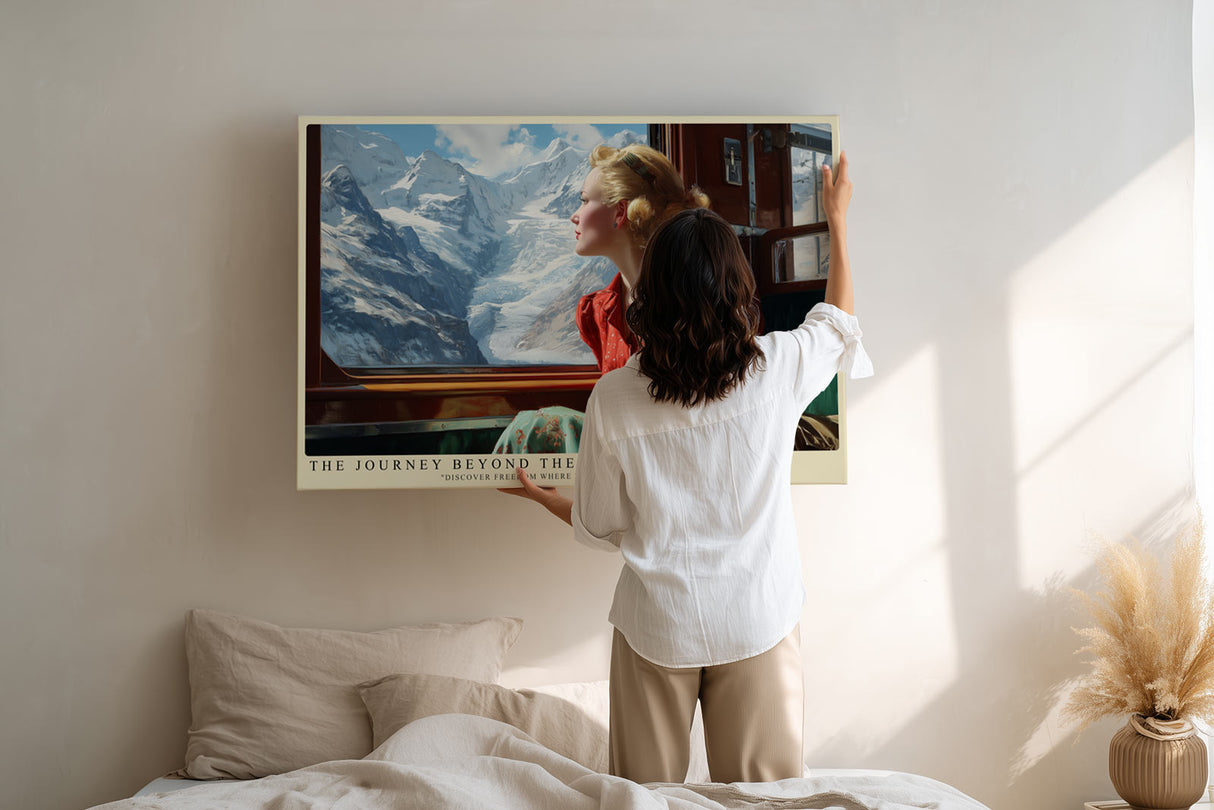 Paul Sinus Wandbild The Journey Beyond the Peaks – Frau im Zug mit Blick auf verschneite Berge symbolisiert Freiheit, Sehnsucht und Abenteuerlust