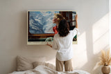 Paul Sinus Wandbild The Journey Beyond the Peaks – Frau im Zug mit Blick auf verschneite Berge symbolisiert Freiheit, Sehnsucht und Abenteuerlust