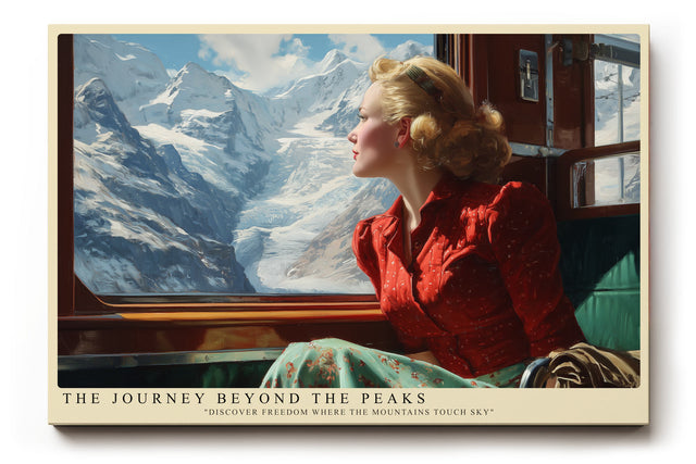 Paul Sinus Wandbild The Journey Beyond the Peaks – Frau im Zug mit Blick auf verschneite Berge symbolisiert Freiheit, Sehnsucht und Abenteuerlust