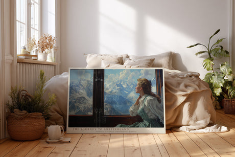 Paul Sinus Wandbild The Journey to Switzerland – Romantisches Alpenmotiv mit Frau im Zug, Blick auf verschneite Berglandschaft, klassisches Reisemotiv
