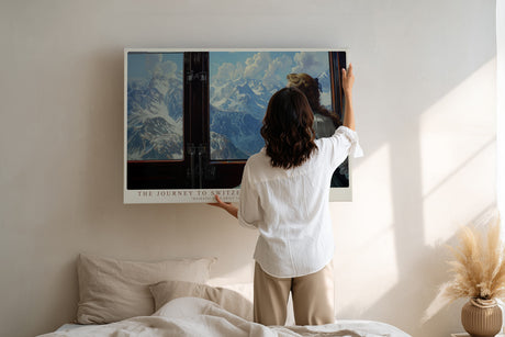 Paul Sinus Wandbild The Journey to Switzerland – Romantisches Alpenmotiv mit Frau im Zug, Blick auf verschneite Berglandschaft, klassisches Reisemotiv