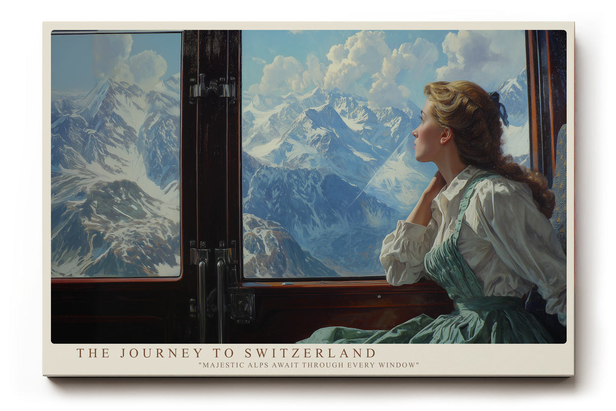 Paul Sinus Wandbild The Journey to Switzerland – Romantisches Alpenmotiv mit Frau im Zug, Blick auf verschneite Berglandschaft, klassisches Reisemotiv