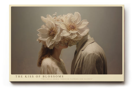 Paul Sinus Wandbild The Kiss of Blossoms – poetisches Motiv eines Kusses mit Blütenköpfen symbolisiert Liebe, Einheit und stille Emotion