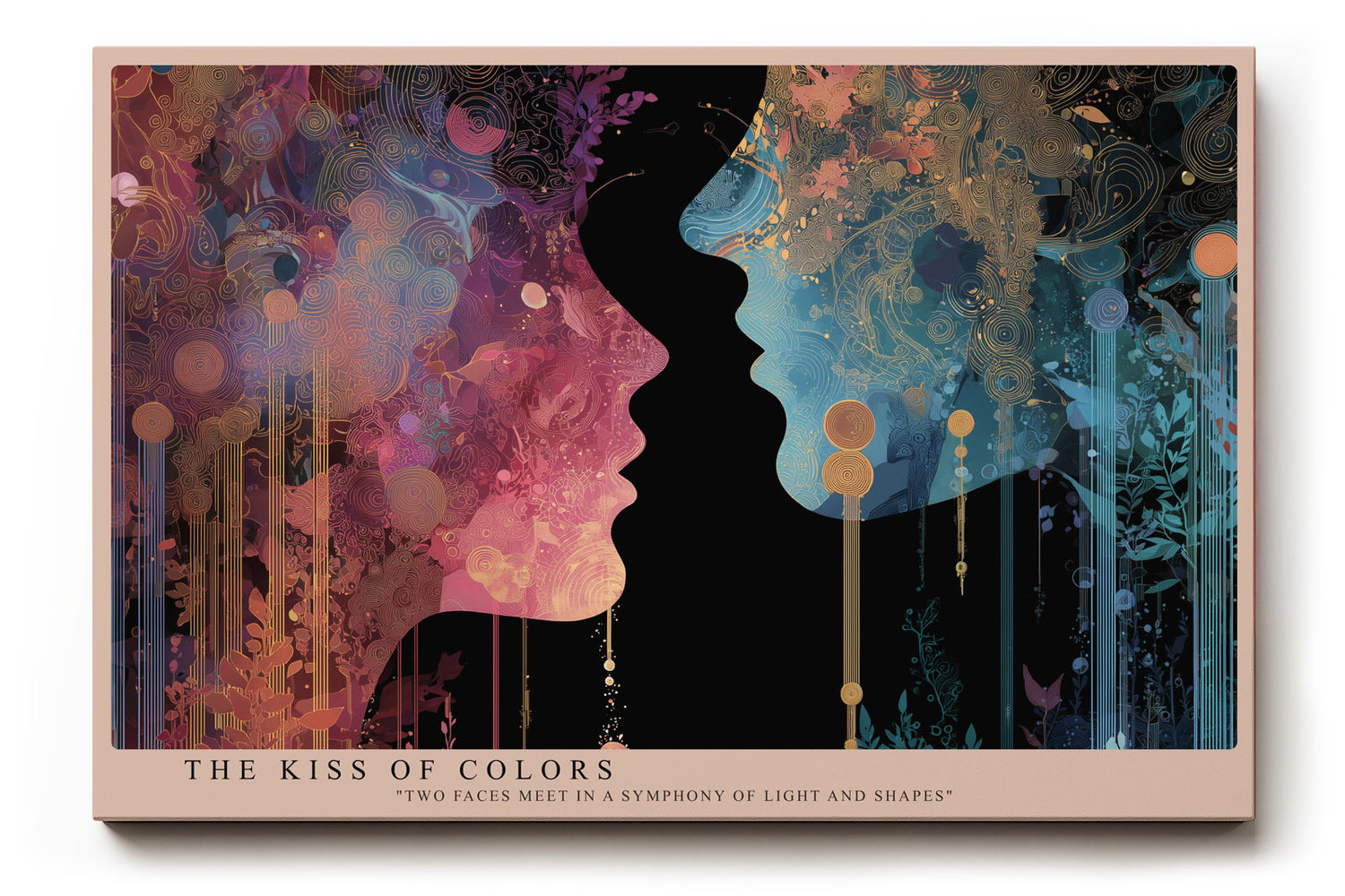 Paul Sinus Wandbild The Kiss of Colors Abstrakte Darstellung zweier sich begegnender Gesichter in einer Explosion aus Licht, Farbe und Formen.