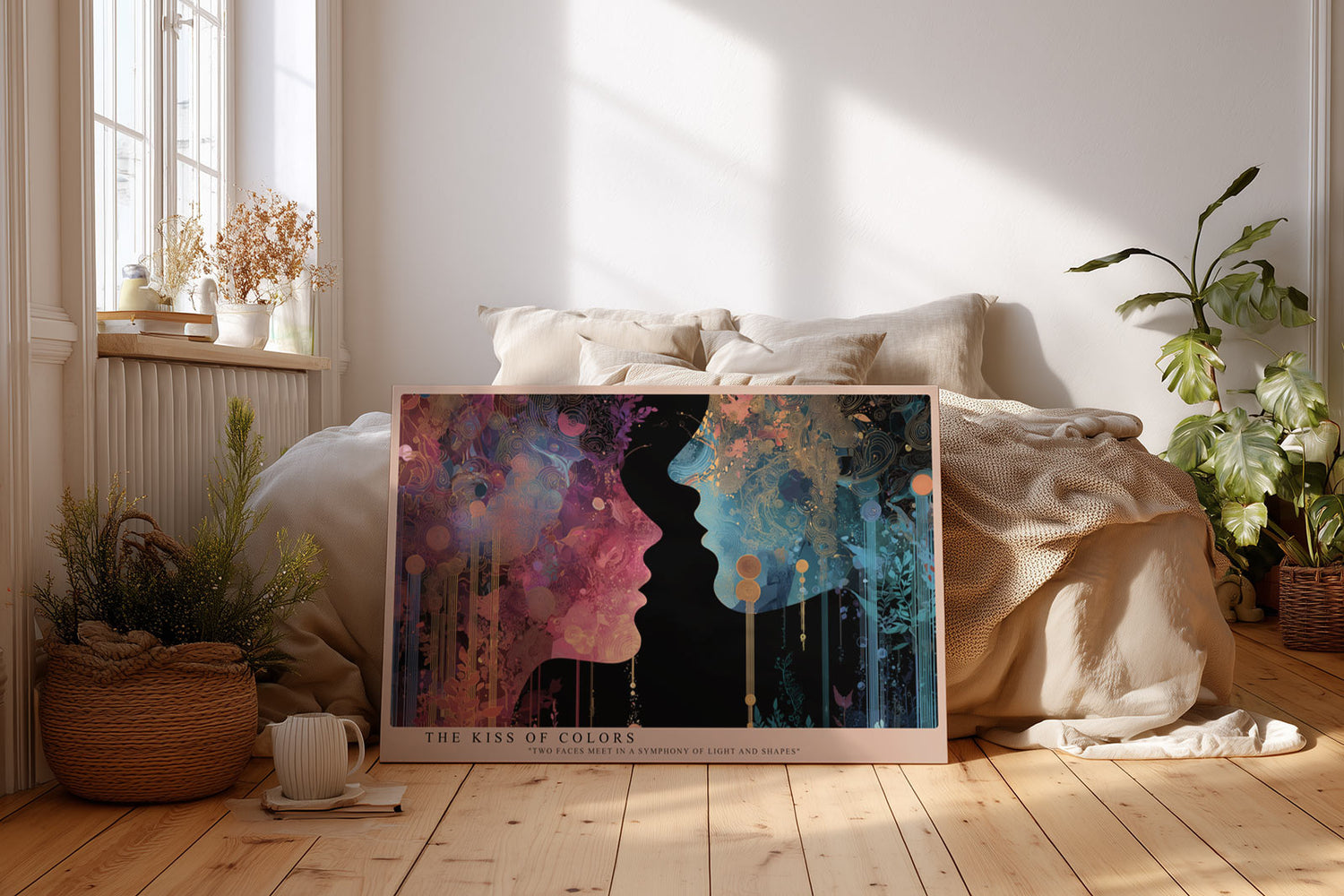 Paul Sinus Wandbild The Kiss of Colors Abstrakte Darstellung zweier sich begegnender Gesichter in einer Explosion aus Licht, Farbe und Formen.