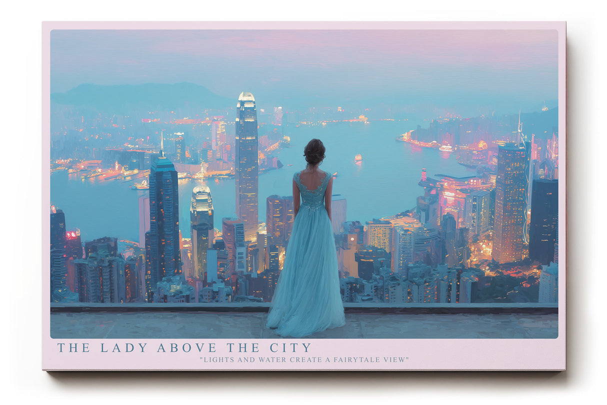 Paul Sinus Wandbild The Lady Above the City Traumhafte Szene einer Frau im Abendkleid mit Blick auf die leuchtende Skyline einer Großstadt.