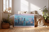Paul Sinus Wandbild The Lady Above the City Traumhafte Szene einer Frau im Abendkleid mit Blick auf die leuchtende Skyline einer Großstadt.
