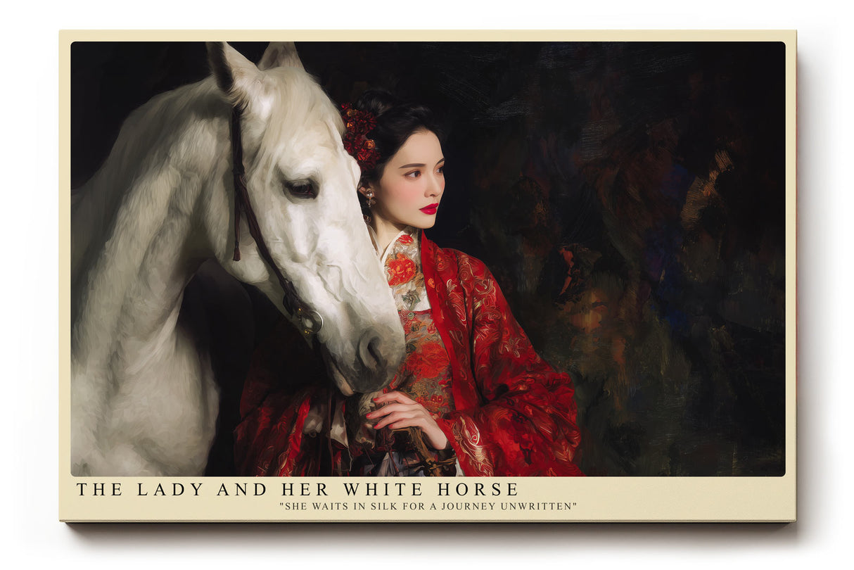 Paul Sinus Wandbild The Lady and Her White Horse – Frau im roten Kleid mit weißem Pferd