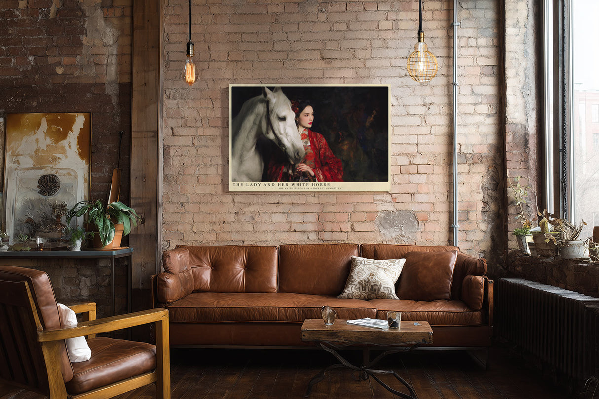 Paul Sinus Wandbild The Lady and Her White Horse – Frau im roten Kleid mit weißem Pferd