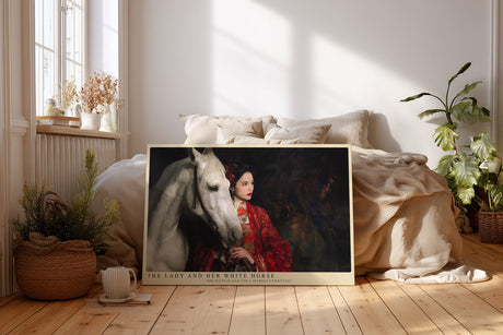 Paul Sinus Wandbild The Lady and Her White Horse – Frau im roten Kleid mit weißem Pferd