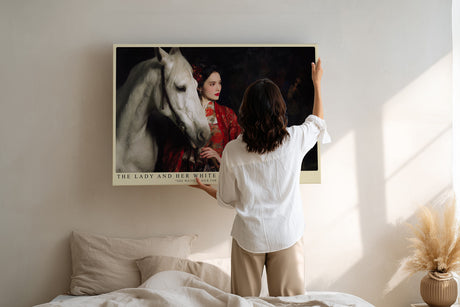 Paul Sinus Wandbild The Lady and Her White Horse – Frau im roten Kleid mit weißem Pferd