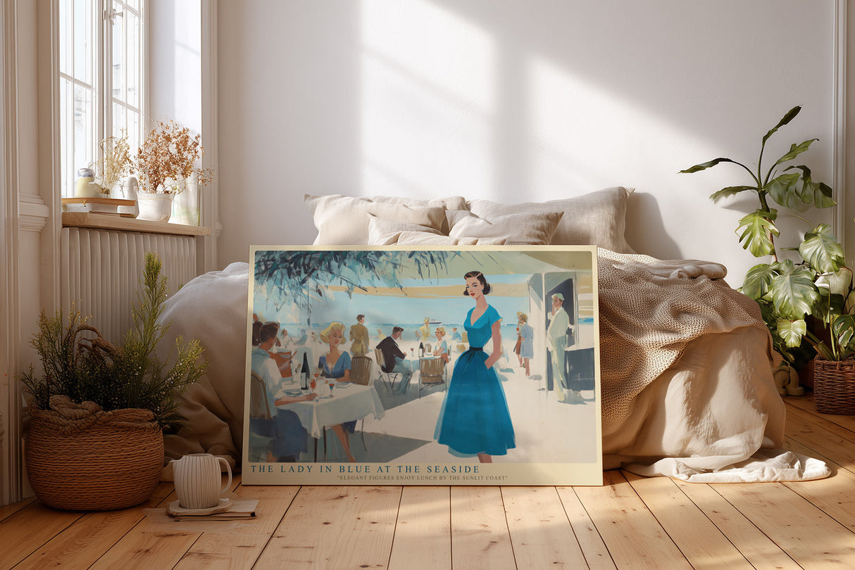 Paul Sinus Wandbild The Lady in Blue at the Seaside Retro Lunch Scene by the Sunlit Coast