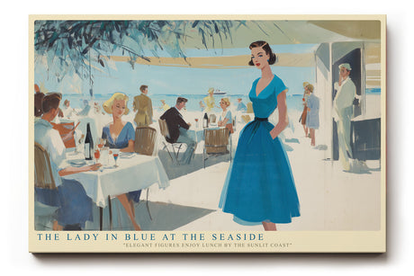Paul Sinus Wandbild The Lady in Blue at the Seaside Retro Lunch Scene by the Sunlit Coast
