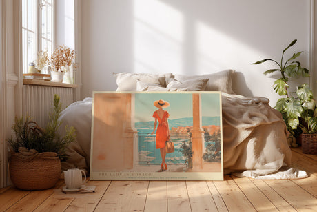 Paul Sinus Wandbild The Lady in Monaco stilvolles Stadtmotiv mit Frau in rotem Kleid und Blick auf den Hafen von Monaco