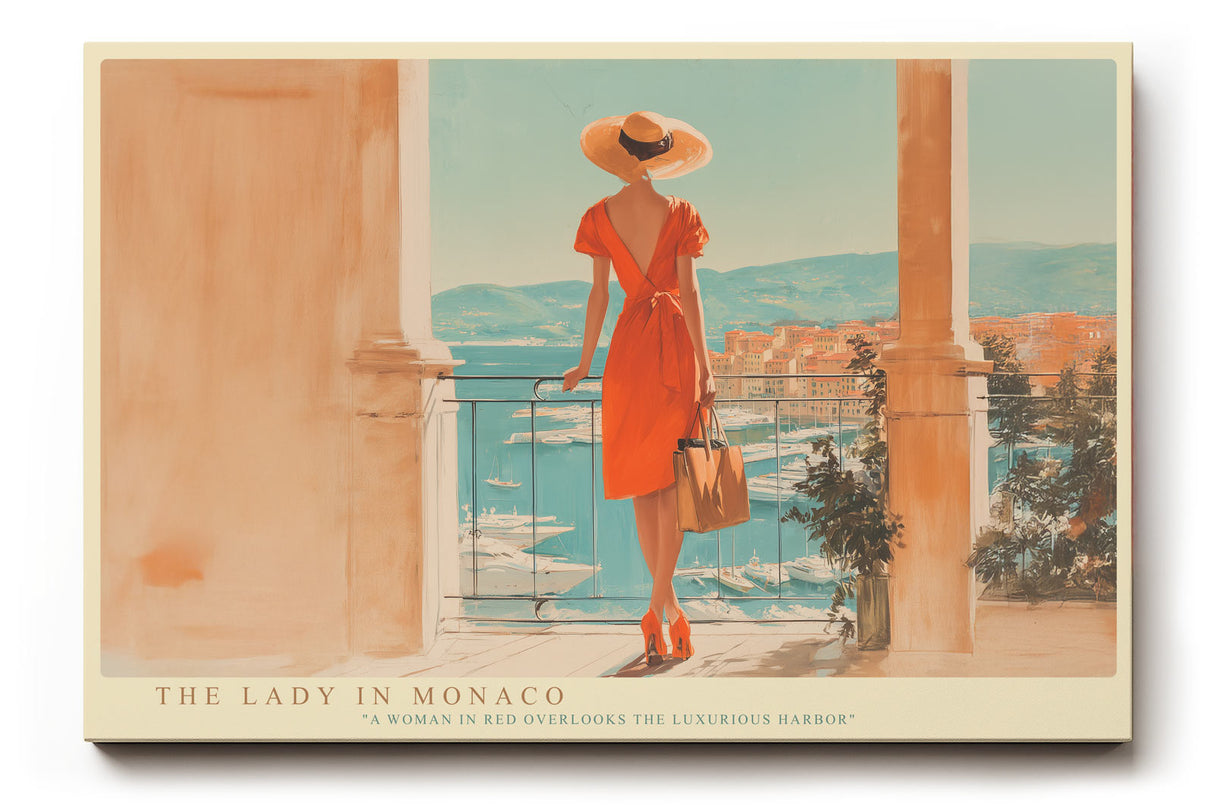 Paul Sinus Wandbild The Lady in Monaco stilvolles Stadtmotiv mit Frau in rotem Kleid und Blick auf den Hafen von Monaco