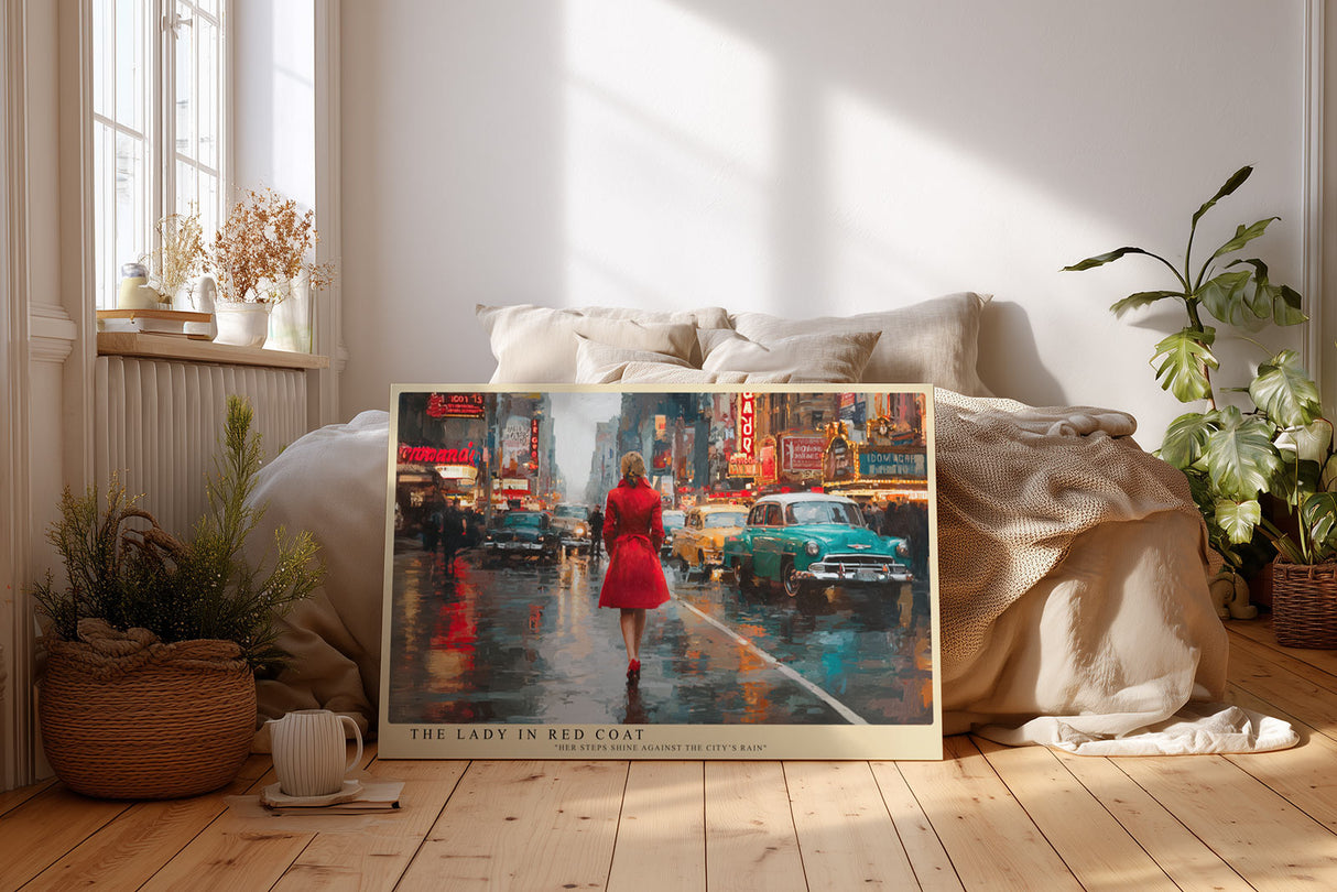 Paul Sinus Wandbild The Lady in Red Coat – Frau im roten Mantel in regennasser Großstadtstraße symbolisiert Eleganz, Mut und urbanen Charme