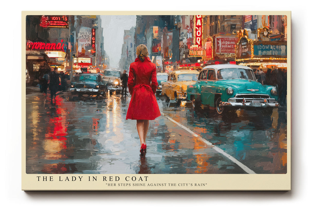 Paul Sinus Wandbild The Lady in Red Coat – Frau im roten Mantel in regennasser Großstadtstraße symbolisiert Eleganz, Mut und urbanen Charme