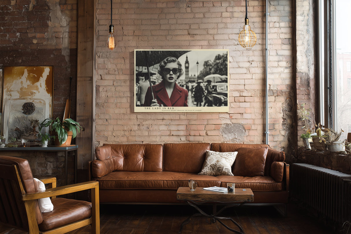 Paul Sinus Wandbild The Lady in Red – Stilvolles Retro-Motiv einer eleganten Frau im Regen von London, inspiriert von Filmklassikern und Modekunst