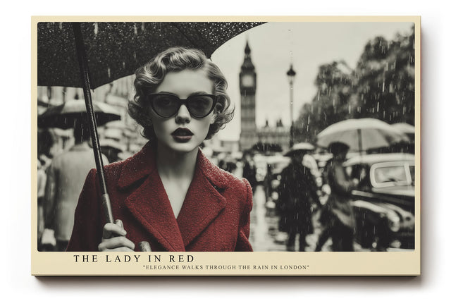 Paul Sinus Wandbild The Lady in Red – Stilvolles Retro-Motiv einer eleganten Frau im Regen von London, inspiriert von Filmklassikern und Modekunst