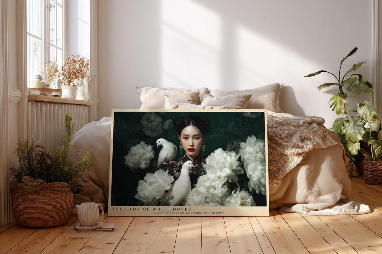 Paul Sinus Wandbild The Lady of White Doves Elegantes Porträt einer Frau in floraler Umgebung mit weißen Tauben – Sinnbild für Frieden, Schönheit und Anmut.