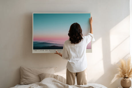 Paul Sinus Wandbild The Land of Pastel Horizons – Traumhafte Hügellandschaft im Morgennebel mit Pastellhimmel, Symbol für Ruhe, Hoffnung und Weite