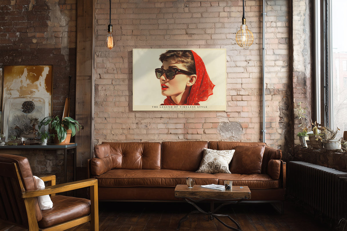 Paul Sinus Wandbild The Legend of Timeless Style Elegantes Retro-Porträt einer Frau mit rotem Tuch und Sonnenbrille – Symbol für klassischen Stil und ewige Schönheit.